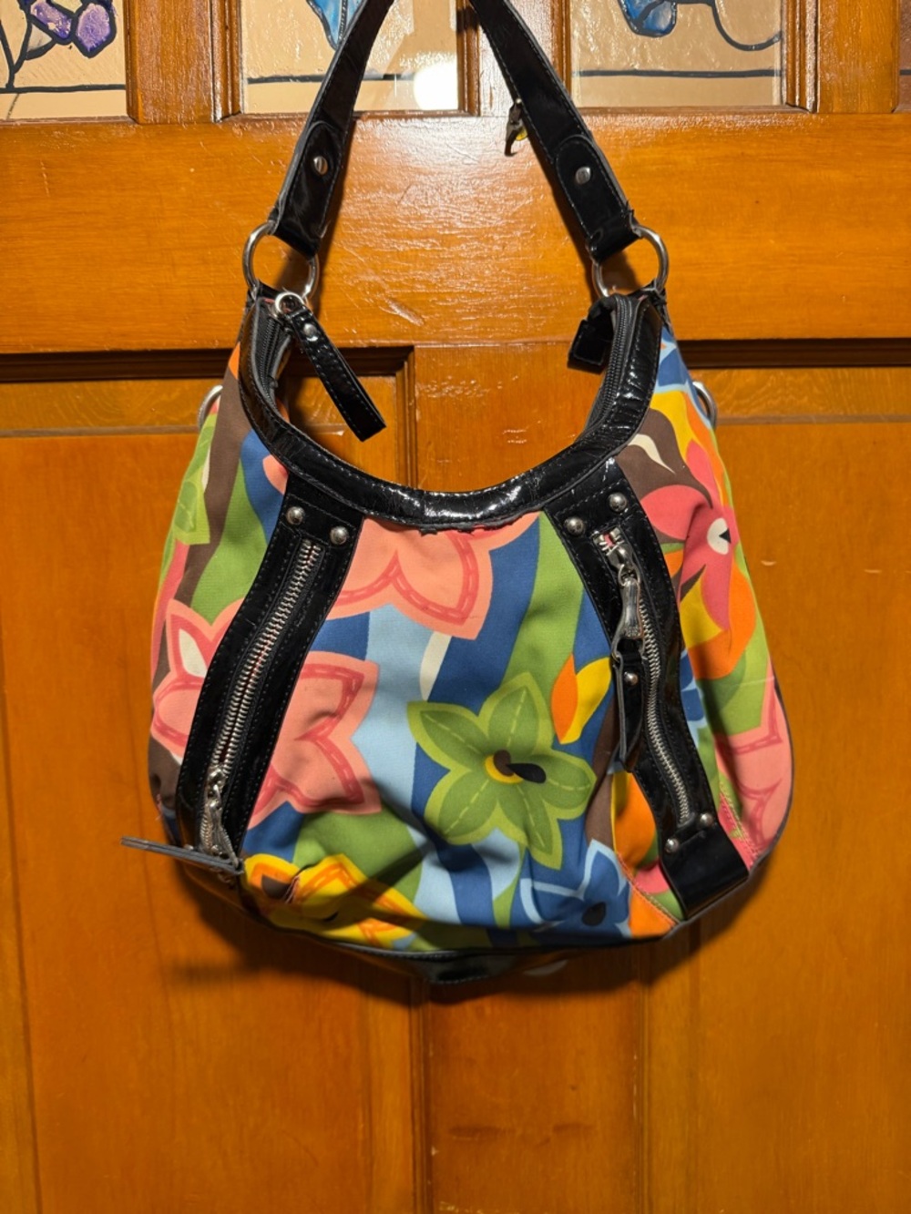 Franco Sarto Floral Hobo Shoulder Bag ART DECO Patent Leather Trim Purse